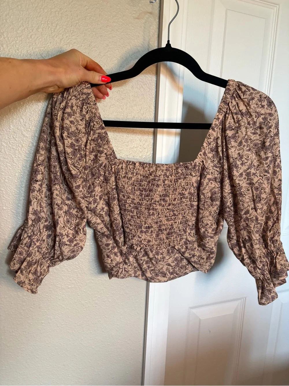 Whimsy + Row Dusty Pink Floral Square-Neck Puff Sleeve Crop Top